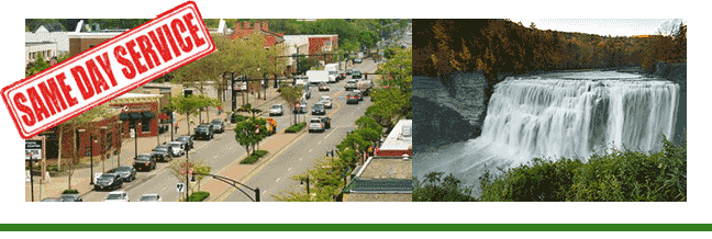 picture of downtown Batavia and waterfall