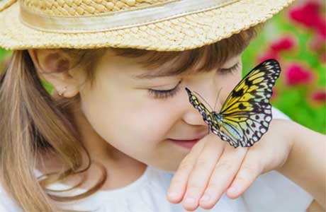 child enjoying the presence of a butterfly