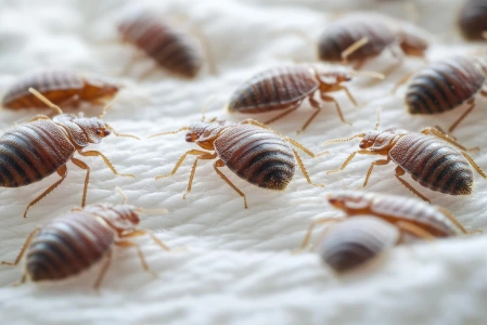 cluster of bed bugs on linens