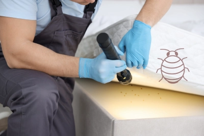 pest control tech searching for bed bugs